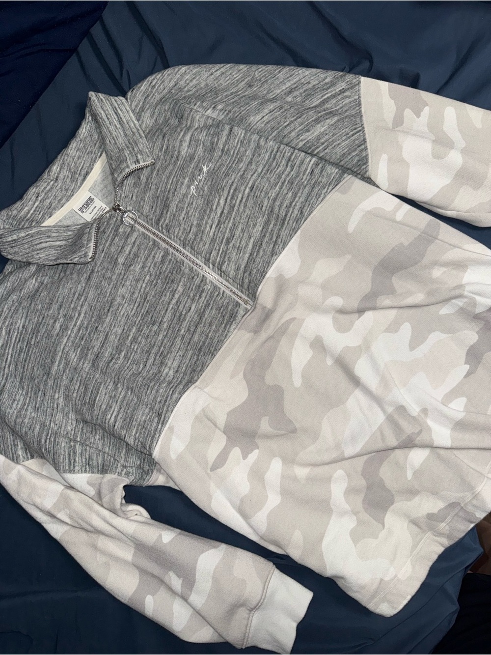 PINK gray and white camo quarter zip sweatshirt